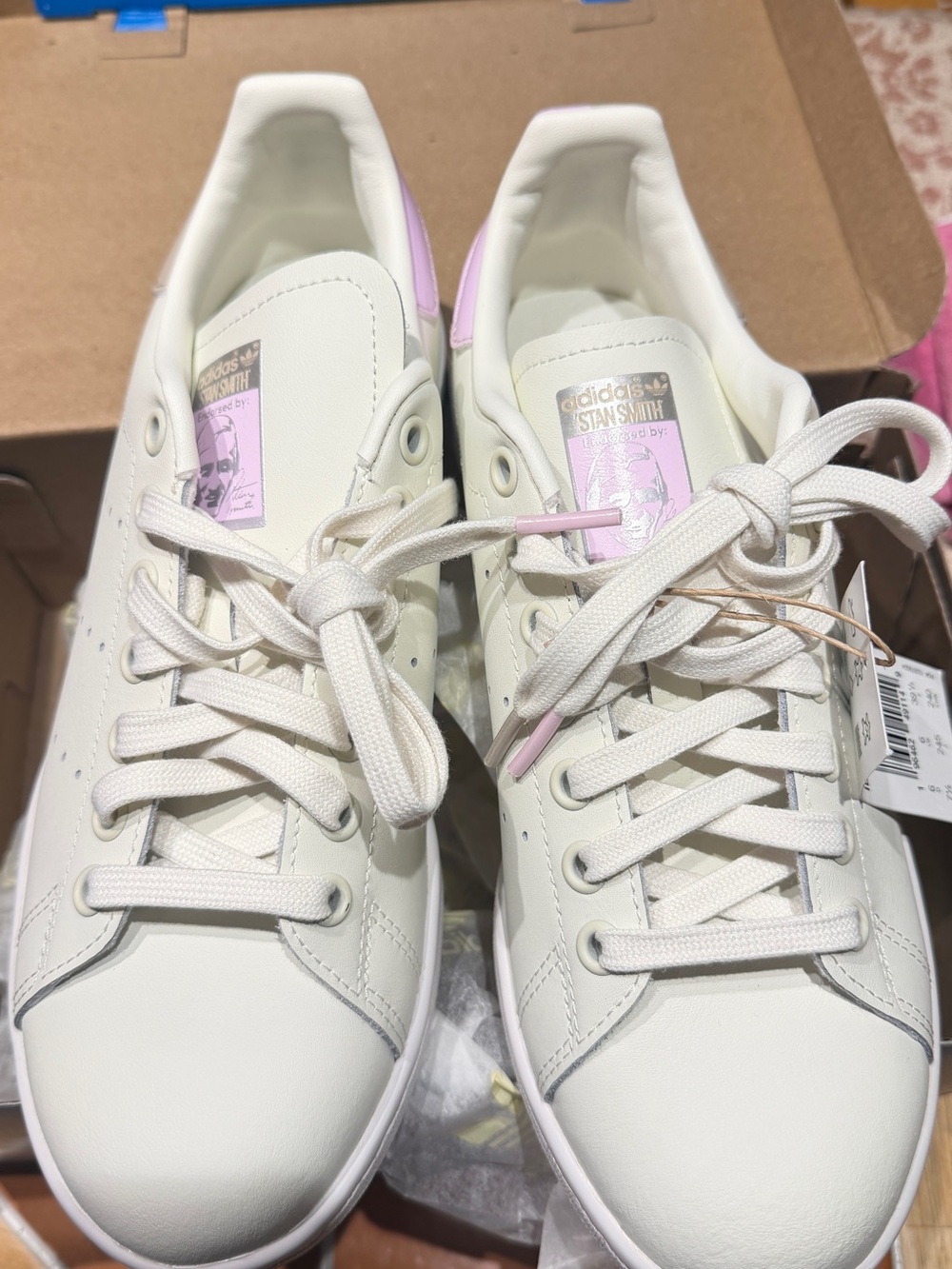 Adidas Stan Smith Women’s White Sneakers with Pink and gray Accents